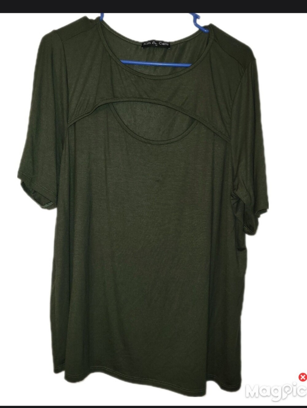 Kim & Cami Peek A Boo Popover Tunic Minimalist Khaki Green Cap Sleeve 1X  Top